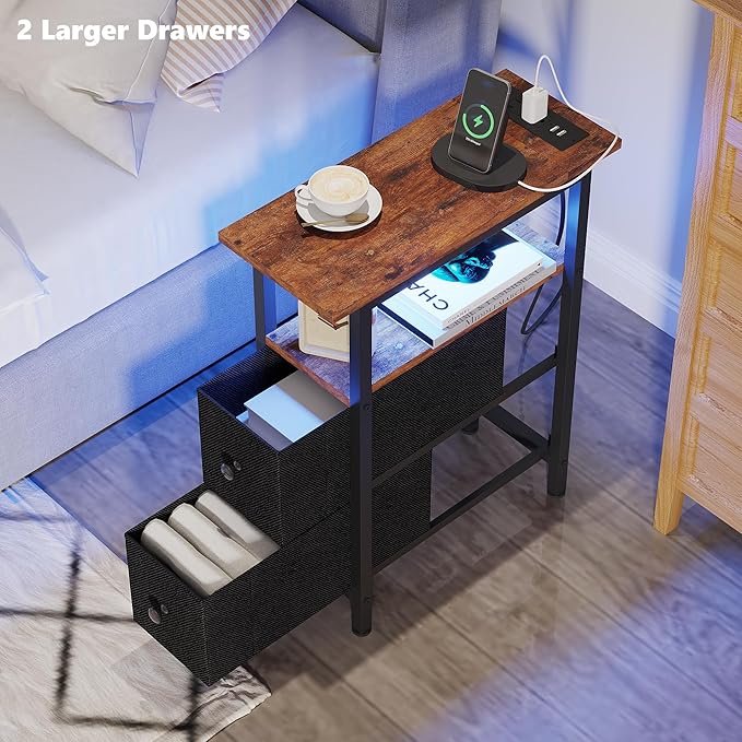 End Table with Charging Station, Narrow Side Table with 2 Fabric Drawers - Image 6
