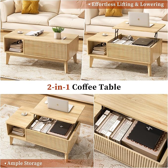 LYNCOHOME Fluted Lift Top Coffee Table - Image 8