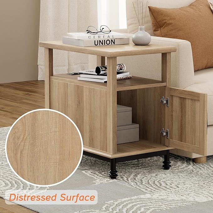 WAMPAT Oak End Table with Charging Station, Sofa Side Table with Storage Cabinet - Image 7