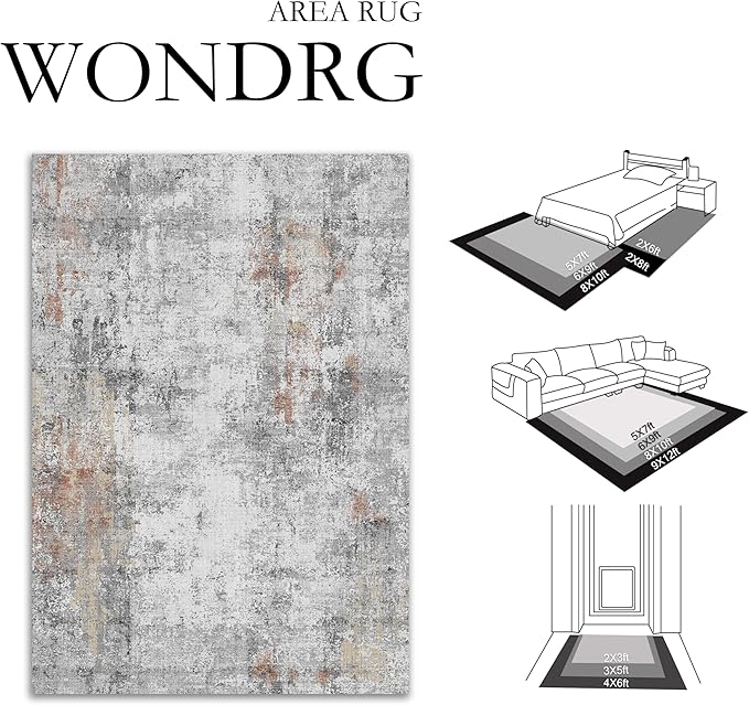 8x10 Washable Area Rug Grey Rust Modern Neutral Abstract Living Room Bedroom - Image 2