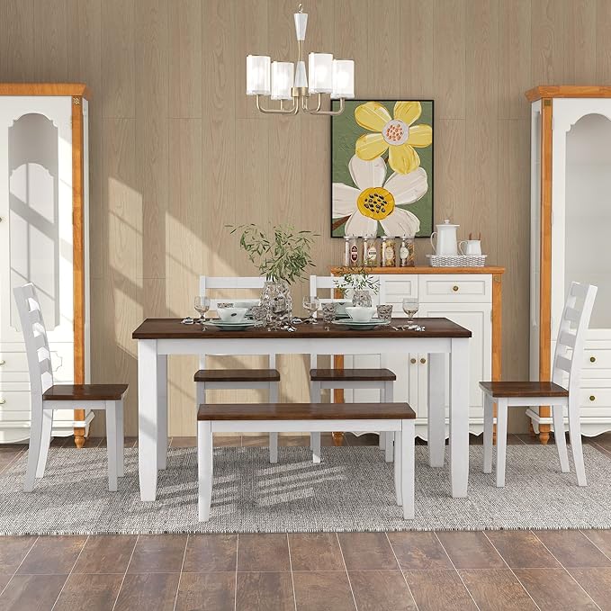6 Pieces Dining Table Set with 1 Bench & 4 Ergonomic Designed Chairs, Wooden - Image 4