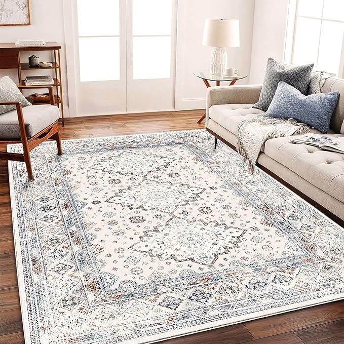 Washable Area Rug 8x10 Retro Flowers Boho Design Non-Shedding Easy Care Ideal by CHAMPLANT