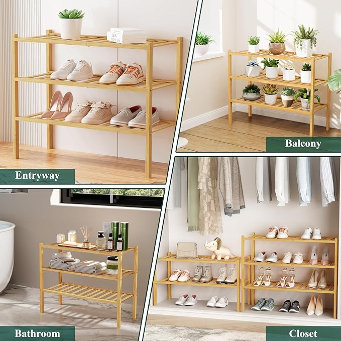 Smiry Shoe Rack, 3 Tier Bamboo Shoe Organizer, Stackable Free Standing Wooden - Image 7