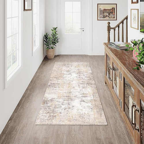 2x5 Washable Runner Rug Beige Grey Neutral Abstract Hallway Kitchen Living Room by WondRg
