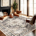 Washable Area Rug 10'x14' Black-Purple Khaki Retro Flowers Boho Design by CHAMPLANT