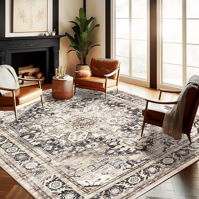 Washable Area Rug 9'x12' Black-Purple Khaki Retro Flowers Boho Design by CHAMPLANT