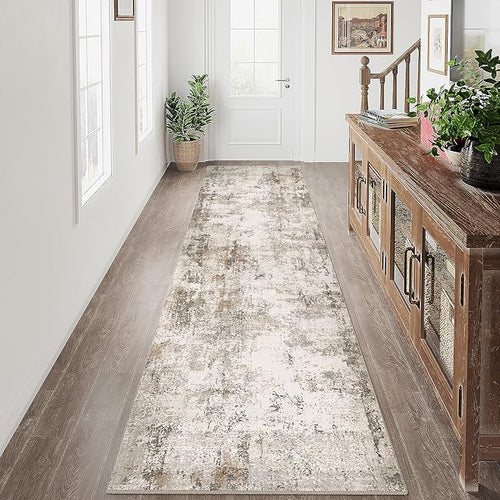 2x12 Washable Runner Rug Brown Grey Neutral Abstract Hallway Kitchen Living by WondRg