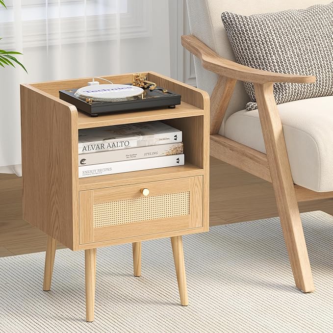 Nightstand Rattan with Charging Station, Mid Century Modern Bed Side Table - Image 5