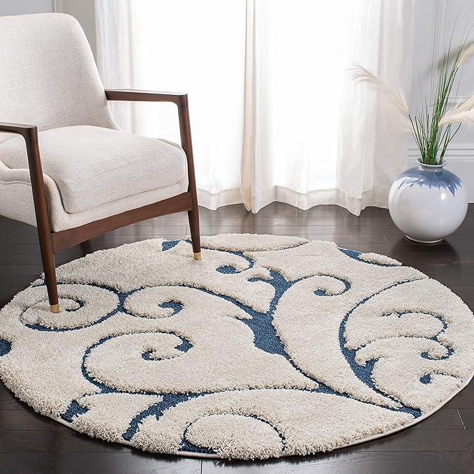 SAFAVIEH Florida Shag Collection 10' Round Cream/Blue SG455 Scrolling Vine by SAFAVIEH