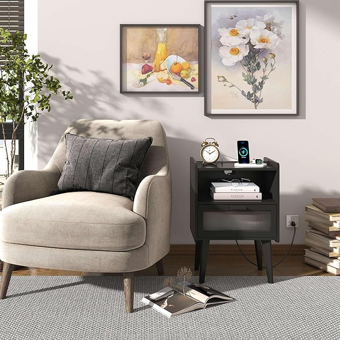 Nightstand with Charging Station, Bedside Tables, End Table Side Table with 2 - Image 8