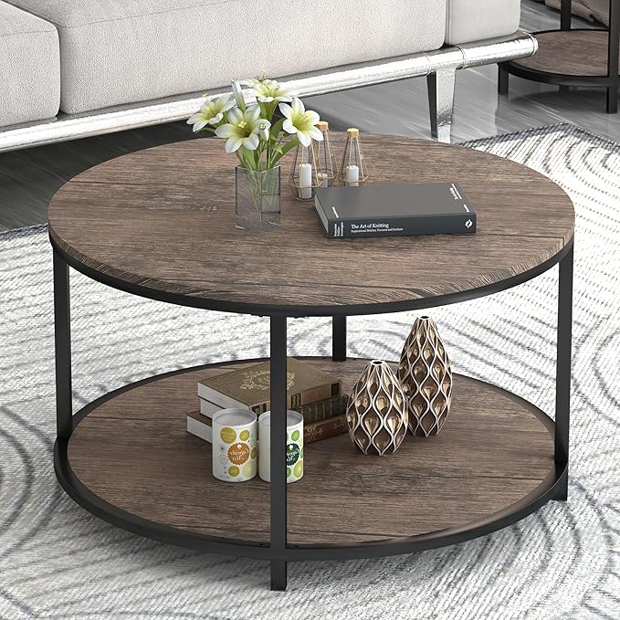Round Coffee Table, Rustic Wooden Surface Top & Sturdy Metal Legs Industrial by NSdirect