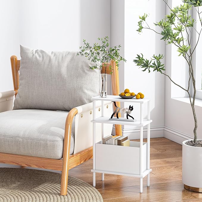 Narrow Side Table with Fabric Basket, Slim Nightstand with 3-Tier Storage Shelf - Image 4