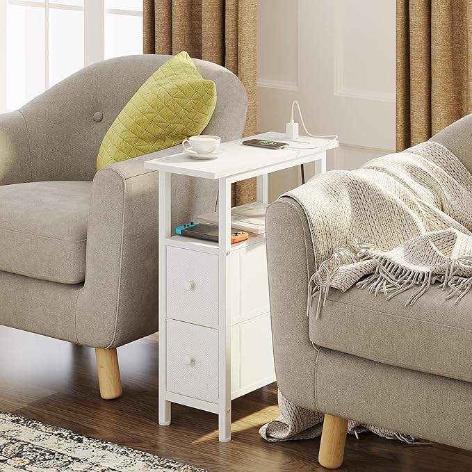 End Table Set 2 with Charging Station, Narrow Side Table with 2 Fabric Drawers - Image 2