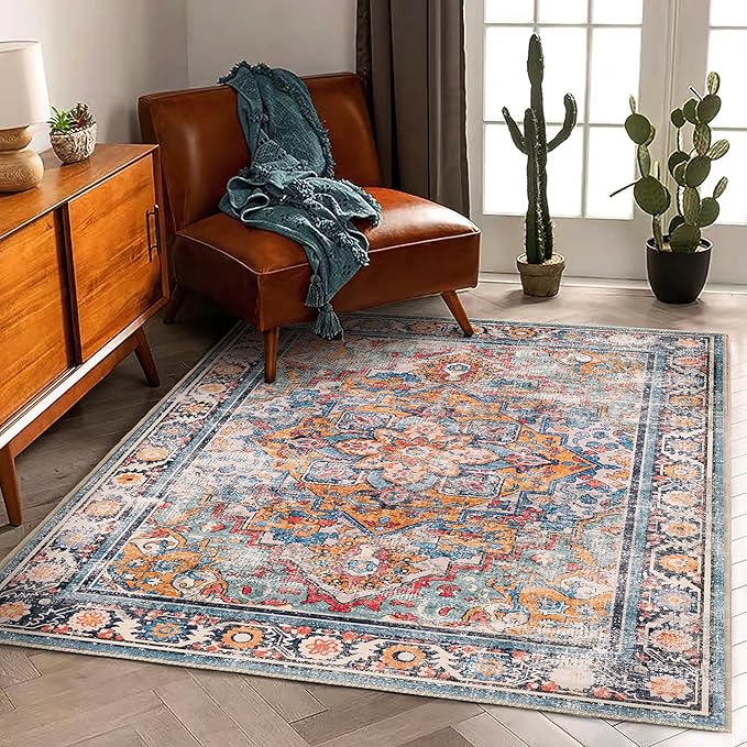 Washable Area Rug 5'x7' Retro Boho Chic Medallion Distressed Design Living Room by CHAMPLANT