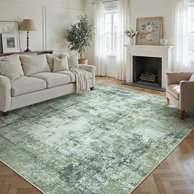 8x10 Washable Area Rug Dark Green Modern Neutral Abstract Living Room Bedroom - Image 4