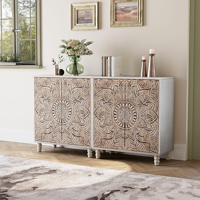 COSIEST Set of 3 32" Accent Storage Cabinets, Vintage Lotus Pattern Sideboards - Image 7