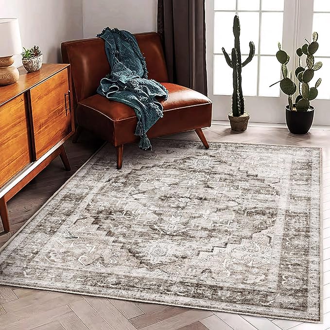 Area Rug 5'x7' Deep Khaki Washable Vintage Traditional Floor Cover Thin Retro - Image 2