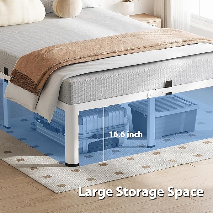 18 Inch King Size White Bed Frame, 3500Lbs Heavy Duty Metal Platform - Image 6