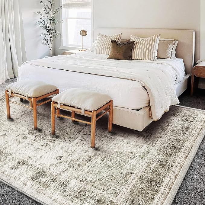 Washable Area Rug 8'x10' Retro Floral Khaki Boho Design Non-Shedding Non-Slip - Image 3