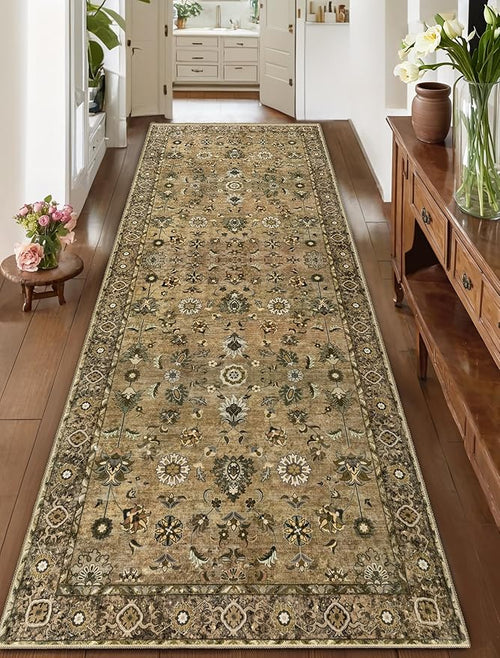2.6x8 Hallway Runner Rug, Floral Washable Non-Slip Vintage Boho Runner Rug by Tangsoo