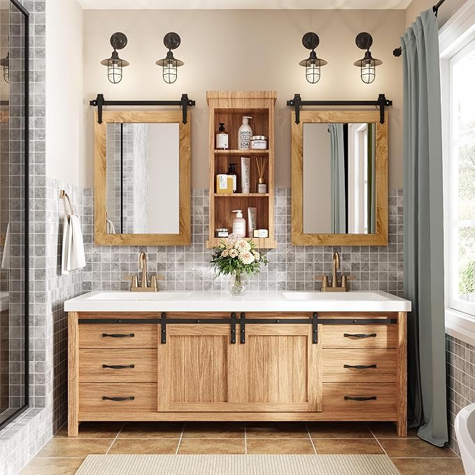 Farmhouse Bathroom Mirror 18" x 24" Rustic Wood Framed Wall Barn Door Mirror - Image 7