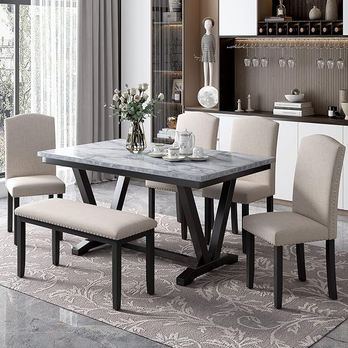 6 Pieces Dining Table Set with 60" Rectangle Marbled Veneers Tabletop Kitchen by Unknown