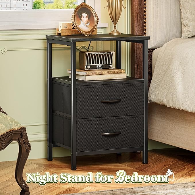 Huuger Night Stand with 2 Drawers, Bed Side Table with Open Shelf, Wooden Top - Image 4