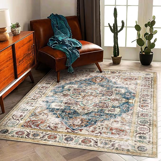 Retro Washable Area Rug 3'x5' Washable Living Room Boho Chic Medallion by CHAMPLANT