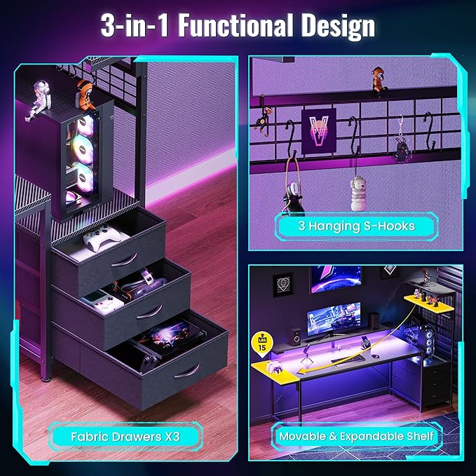 PRAISUN 68" Gaming Desk with LED Lights & Outlets, Computer Desk with 3 Fabric - Image 8