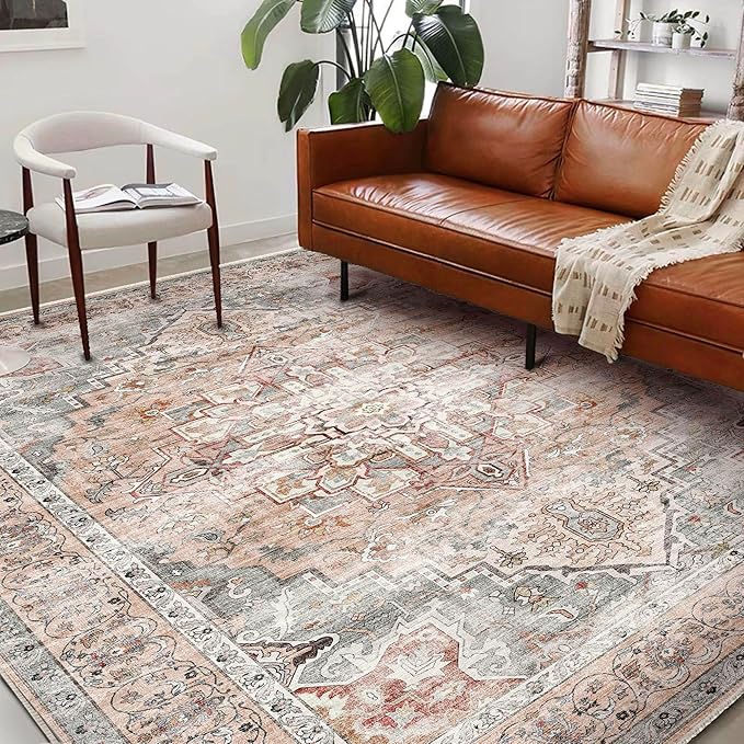 Washable Area Rug 9'x12' Light Cyan and Light red Retro Flowers Boho Design - Image 2