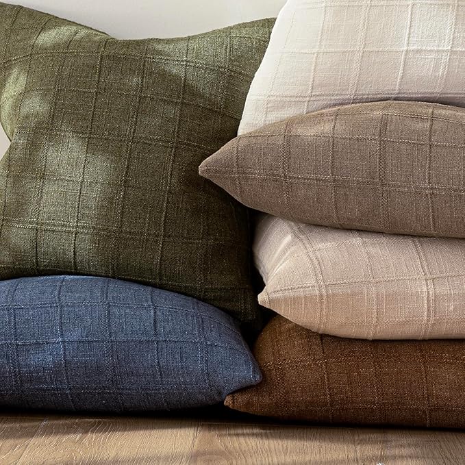 Foindtower Set of 2 Decorative Linen Check Throw Pillow Covers Neutral Long - Image 7