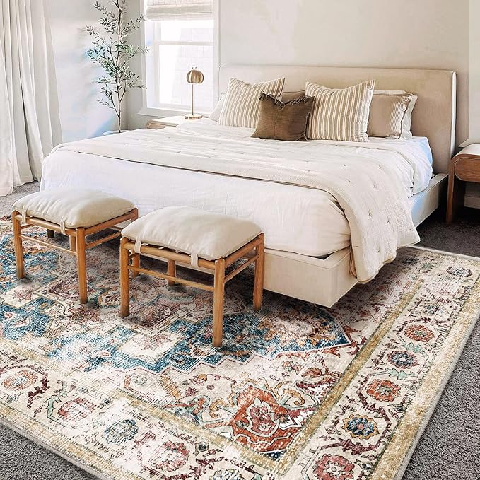 Beige Blue Washable Area Rug 8'x10' Boho Chic Medallion Distressed Design - Image 3