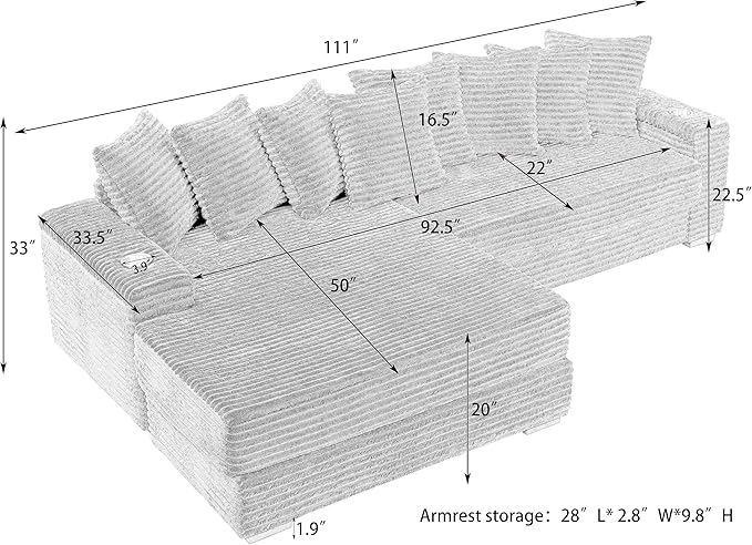 KEIKI 114" Corduroy Sofa with Cup Holders & Storage, L Shaped Sleeper Cloud - Image 2