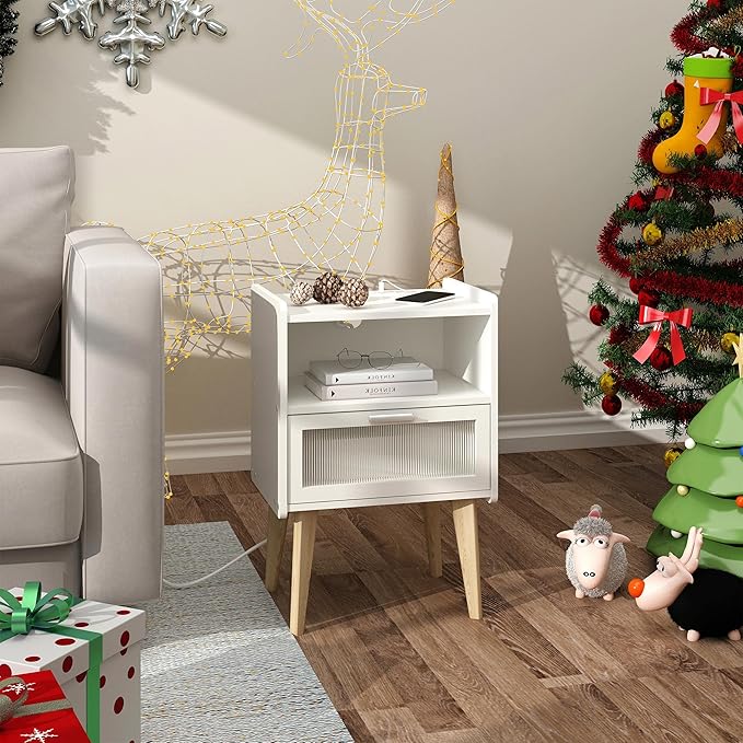 Nightstand with Charging Station, Bedside Tables with Glass Decorative Door - Image 4