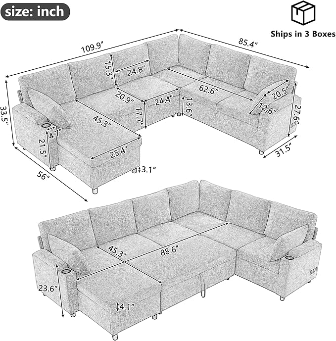 Eafurn Oversized U Shaped Sectional Sleeper Sofabed Pull Out Couch Bed - Image 3