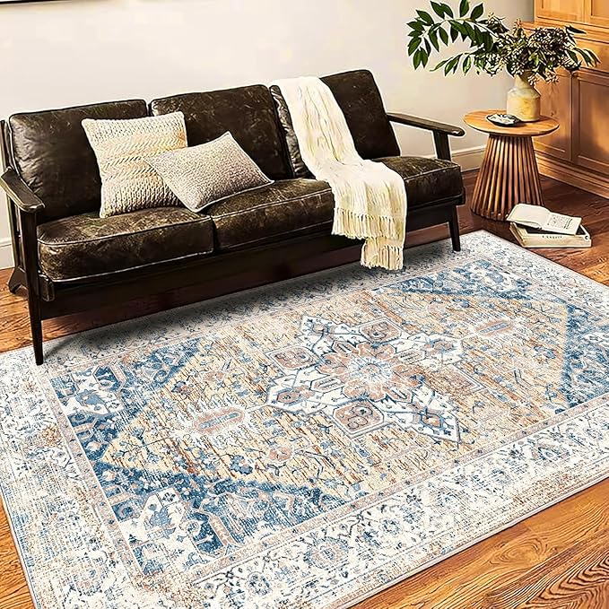 Washable Area Rug 9x12 Boho Chic Medallion Distressed Design Non-Shedding Easy by CHAMPLANT