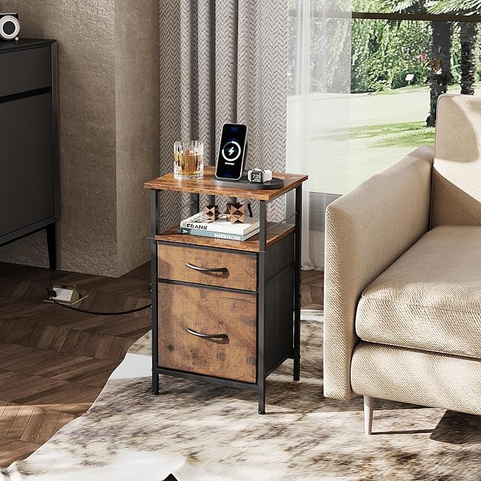 WLIVE Nightstand with Charging Station, End Table with 2 Fabric Drawers - Image 2