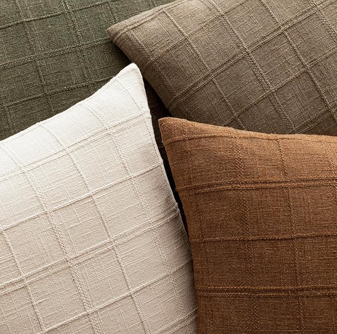 Foindtower Set of 2 Decorative Linen Check Throw Pillow Covers Neutral Long - Image 4