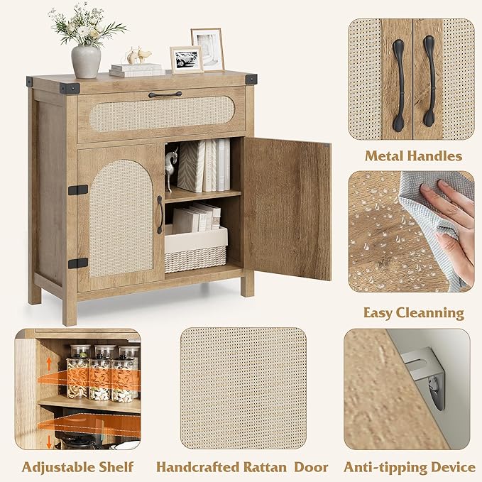 IDEALHOUSE Rattan Cabinet with Drawer, Sideboard with Synthetic Rattan-Accent - Image 5