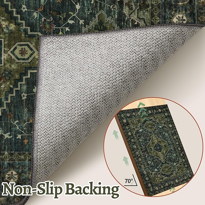 Tangsoo Washable Entryway Rugs Vintage Olive Green Rug 2x3 Non Slip Small Area - Image 4