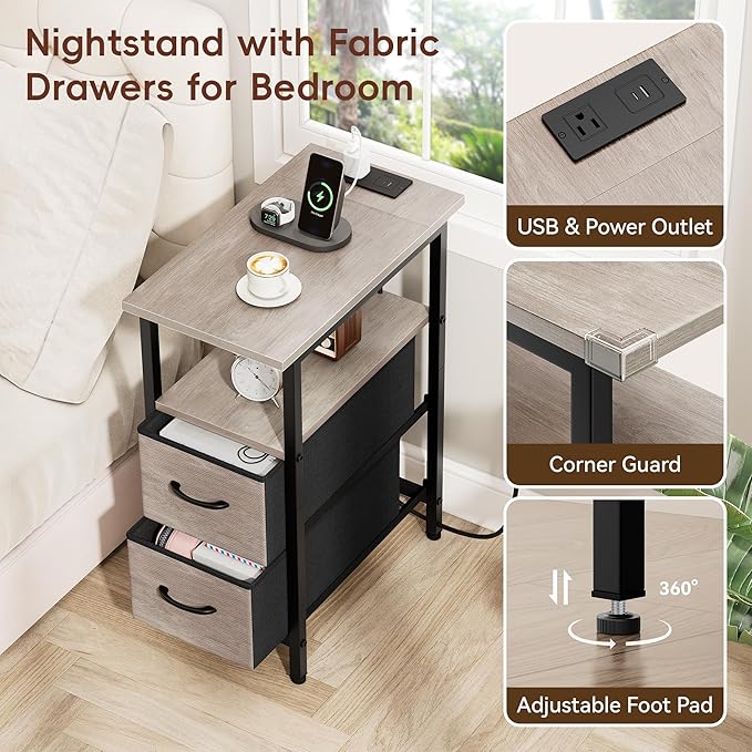 Vagusicc End Table with Charging Station Set of 2, Narrow Side Table, 23.8'' - Image 4