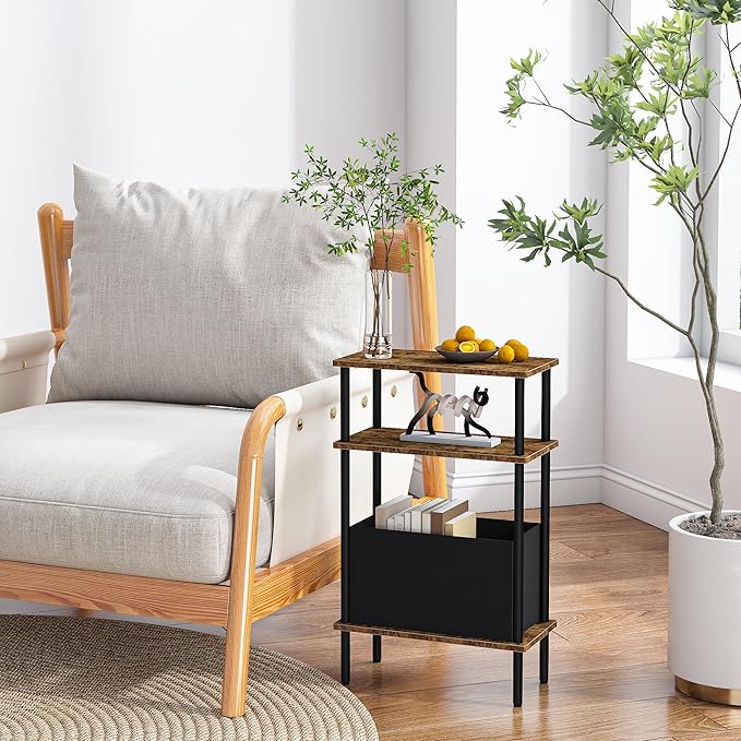 Narrow Side Table with Fabric Basket, Slim Nightstand with 3-Tier Storage Shelf - Image 4