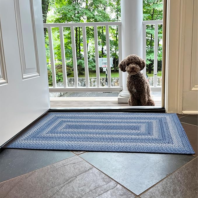 Homespice 20x30” Blue Rectangular Braided Rug. Denim Blue and White Jute Rug. - Image 9