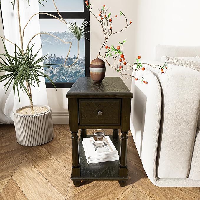 Narrow End Table with Drawer and Open Storage Shelf, Solid Wood Sofa Side Table - Image 9