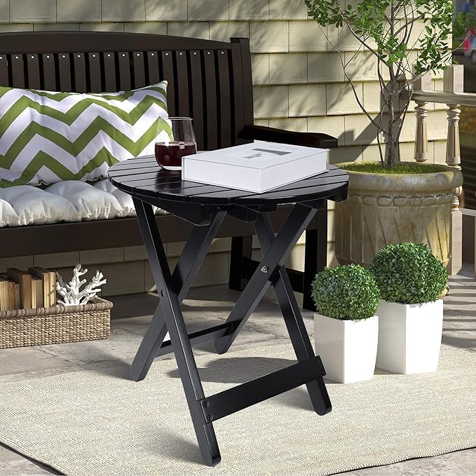 Outdoor Patio Side Table Round Small Wood End Table Folding Coffee Furniture - Image 4