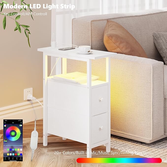 End Table with Charging Station, Narrow Side Table with 2 Fabric Drawers - Image 4