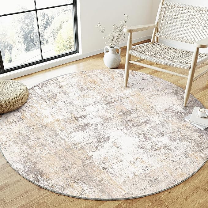 6x6 Washable Round Rug Beige Grey Neutral Abstract Living Room Bedroom Area Rug - Image 3