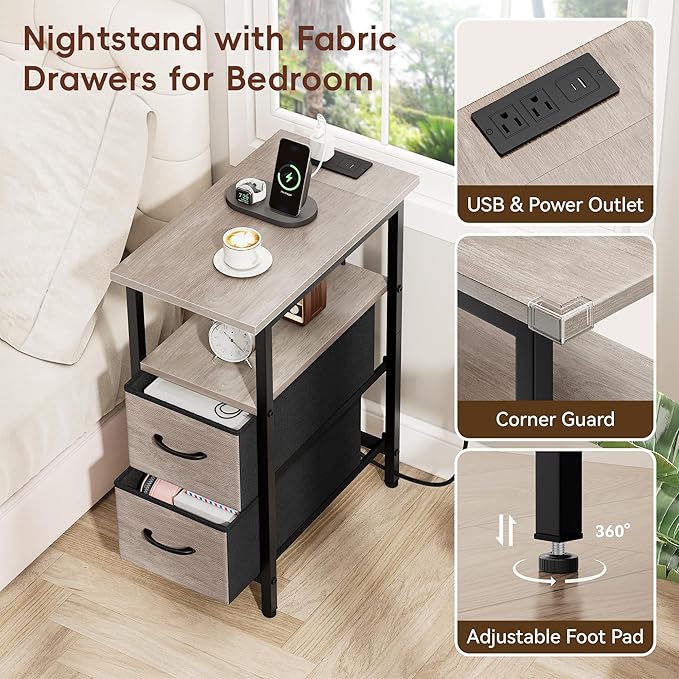 Vagusicc Nightstand with Charging Station and LED Lights, Narrow Side Table - Image 6