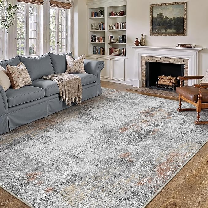 8x10 Washable Area Rug Grey Rust Modern Neutral Abstract Living Room Bedroom - Image 3