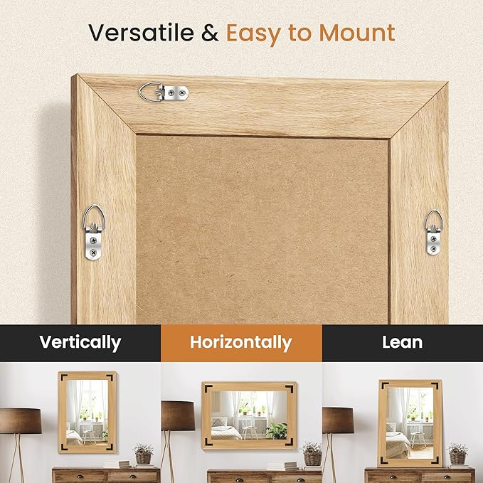 Bathroom Mirror for Wall with Wooden Frame, Vertical or Horizontal Hanging - Image 4
